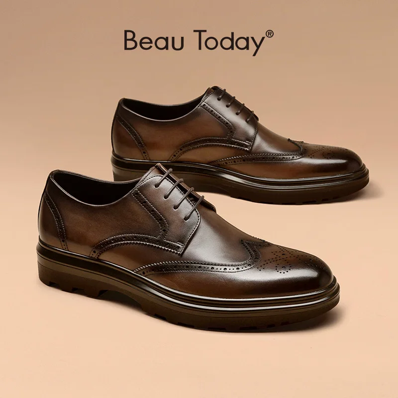 

Brogue Shoes Men Genuine Cow Leather Male Derby Waxing Polished Carved Fashion Round Toe Office Autumn Handmade BeauToday 55502