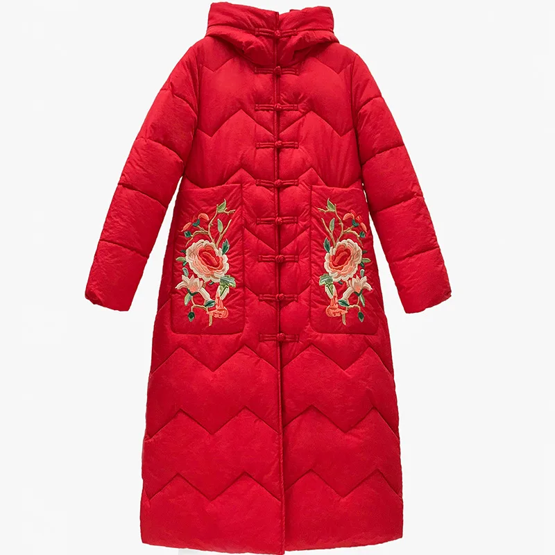 Новинка, Женская куртка, пуховик,, длинная, до колена, зимняя одежда, сплошной цвет, с капюшоном, для женщин, Цветочная вышивка, Vestidos YLZH6903