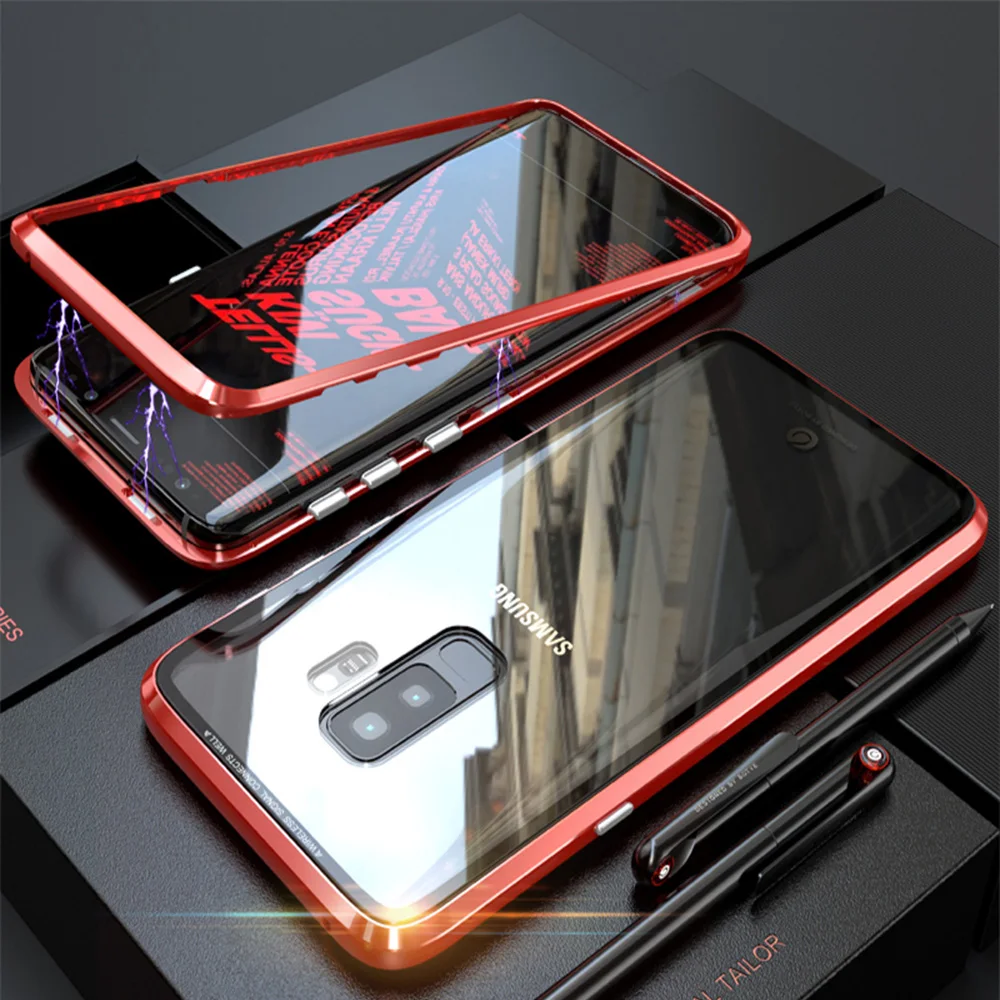 Red 360 полный защитный чехол для samsung Galaxy S8 S9 S10 Plus S10e Note 8 9 Магнитный двусторонний стеклянный металлический адсорбционный чехол - Цвет: Red