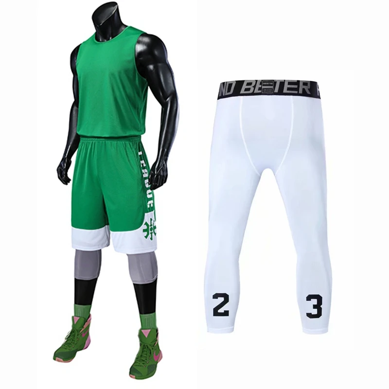 Профессиональный баскетбольные майки Для мужчин комплект из 3 предметов, рубашка+ шорты+ длинные плотные брюки тренировки пустой униформа для игры в баскетбол в колледже - Цвет: 8304 green set