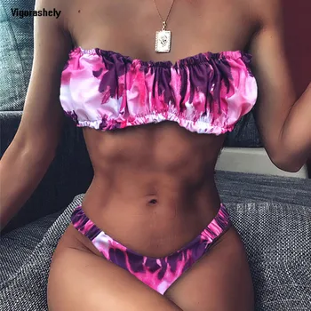 

Vigorshely Ruffle Print Bandeau Swimwear Women Sexy High Cut Bikini Set Thong Swimsuit 2020 Ruffle Bikini Bathing Suit Swim Wear