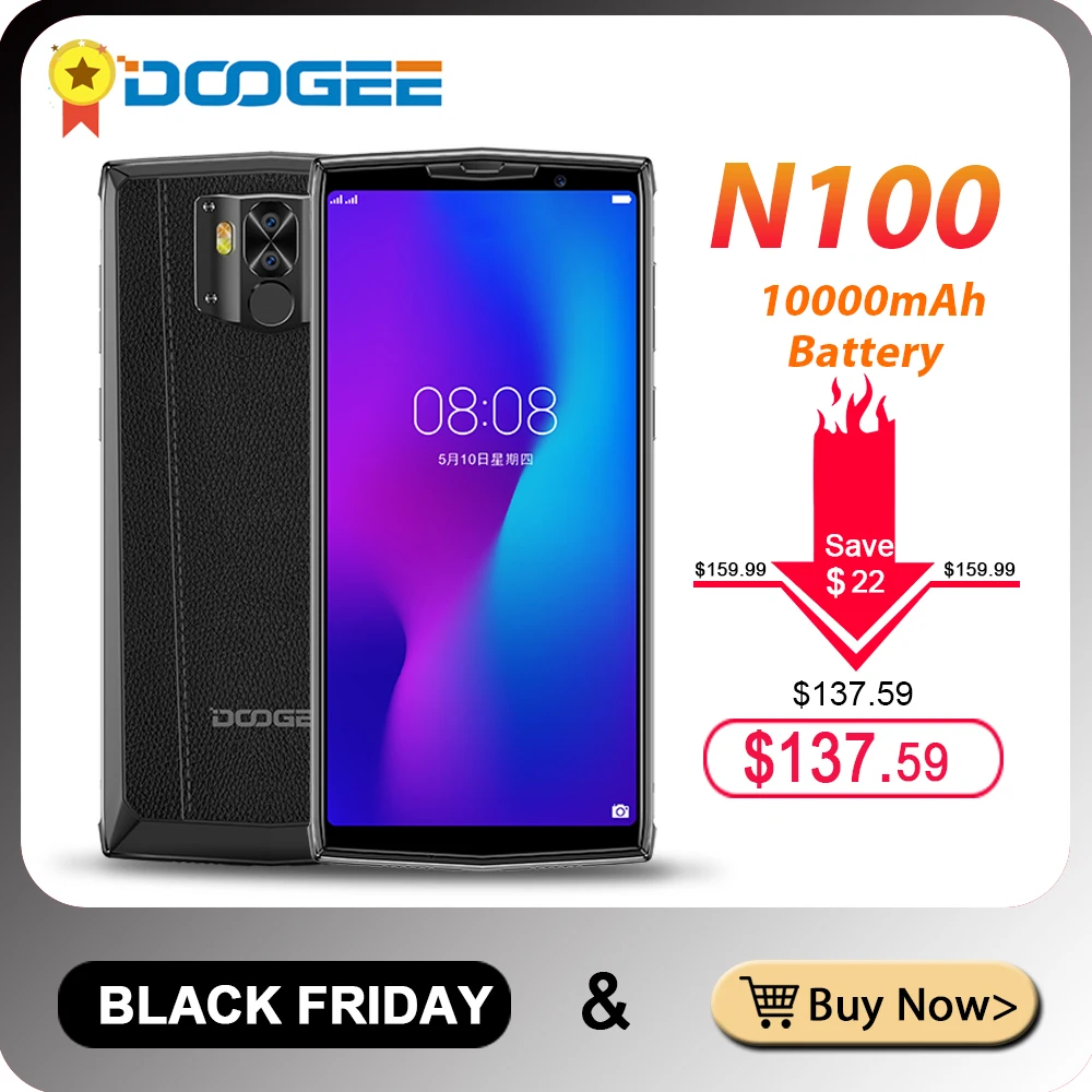 DOOGEE N100, 4 ГБ, 64 ГБ, 10000 мАч, аккумулятор, мобильный телефон, 21 МП камера, 5,9 дюймов, FHD+ дисплей, MT6763, четыре ядра, мобильный телефон, 4G LTE