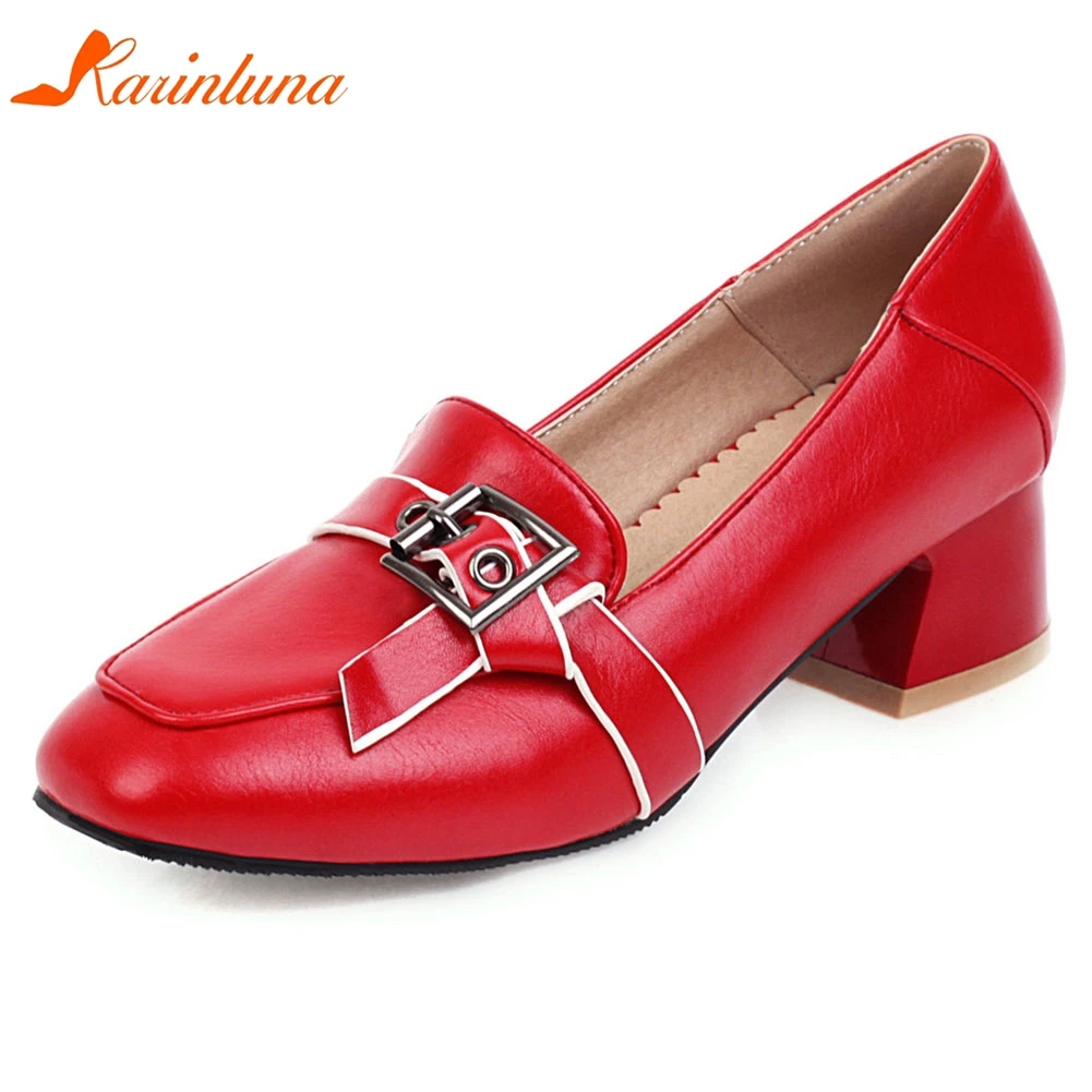 

Karinluna New Design 2020 Large Size 43 Chunky Heels Concise Pumps Woman Shoes Slip On Buckle Decoration Office Lady Pumps Women