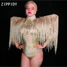 Золото Стразы бахрома боди вечернее день рождения, празднование наряд бар женщины певица танцевальный сценический большой камень одежда