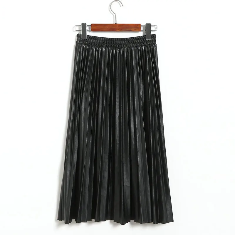 Женская длинная Плиссированная юбка с высокой талией из искусственной кожи, эластичная юбка, повседневная юбка макси, простая трикотажная облегающая Клубная одежда, юбки