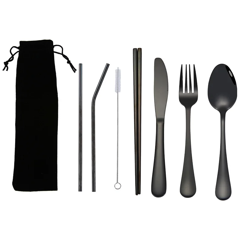 Black A Dinnerware Set Travel Camping Cutlery Set Reusable Silverware With Metal Straw Spoon Fork Chopsticks And Portable Case - Цвет: Black A