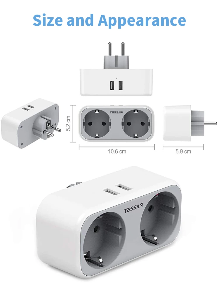 Adaptador de Tomada Faixa de Energia para Parede Proteção contra Sobrecarga Preto com 2 ac e 2 Tessan Cinza Branco Entradas Portas Usb 110230v - - Image 3