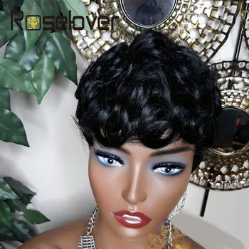 

Short Pixie Cut Wig Nature Black Short Curly Bob Human Hair Wig Brazilian Hair For Black Women With Full Machine Remy Hair