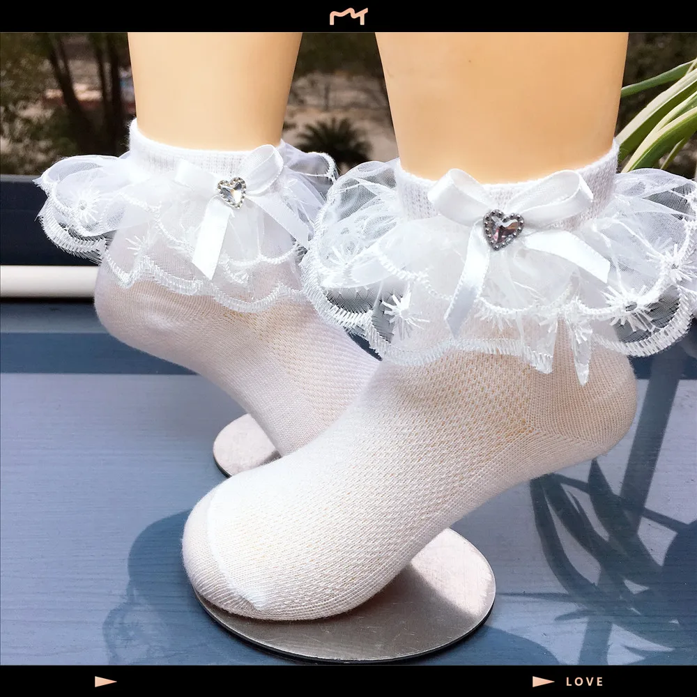 

5 pairs of children's lace socks girls princess socks white dance socks bow with diamonds