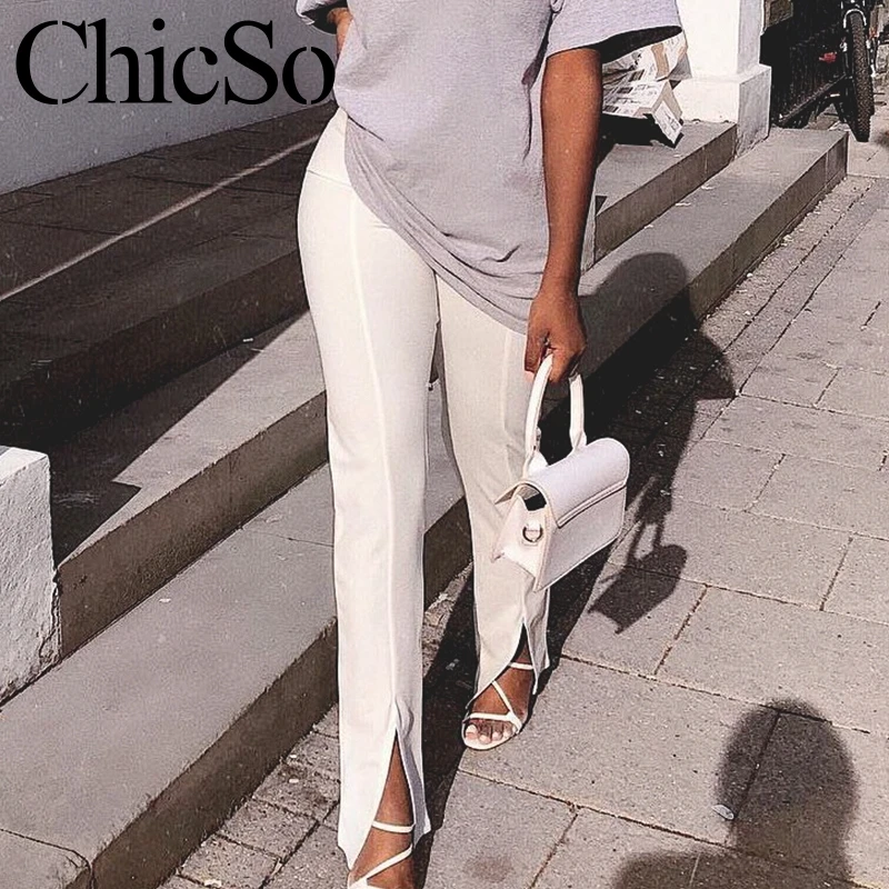 

MissyChilli Knit skinny long pencil pants & Split Women elegant black white trousers Winter high waist office lady soft pant new