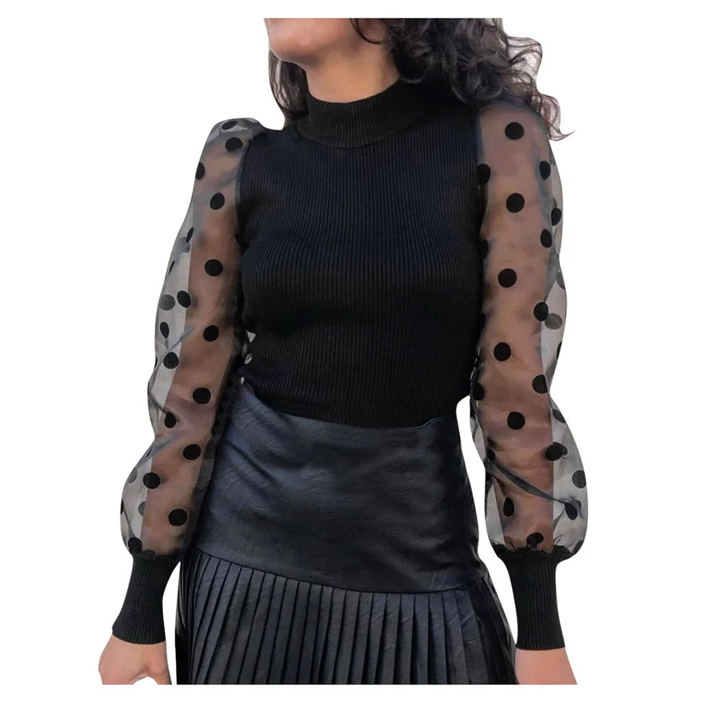 JAYCOSIN, женская блузка, модная, осенняя, волнистая, в горошек, перспективная блузка, рубашка, женские уличные топы, длинный рукав, пуловер с круглым вырезом