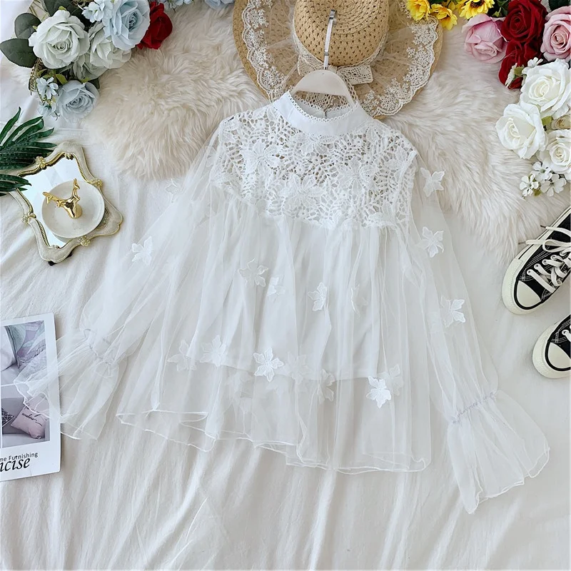 Женская кружевная блузка рубашка пикантный сетчатый пуловер с цветочным