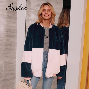 

Suzhan Elegant shaggy women faux fur coat streetwear Autumn winter warm plush zipper coat Female plus size overcoat party