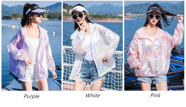 YUANYUANJYCO summer thin woman jacket reflective colorful zipper hooded long sleeve fashion white pink jackets for women coats