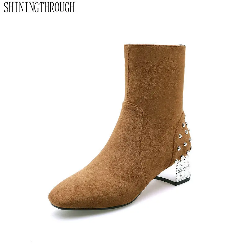 

2020 Square Heel Winter Casual Women Shoes Flock Square Toe Zipper Fashion Ankle Ladies Party Dress Shoes Large Size 34-43