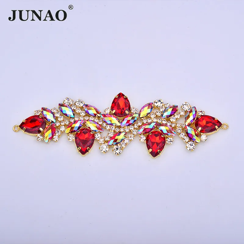 

JUNAO 45mm*140mm Sewing Red AB Glass Rhinestone Chain Metal Crystal Applique Trim Flatback Strass Bikini Connector DIY Crafts