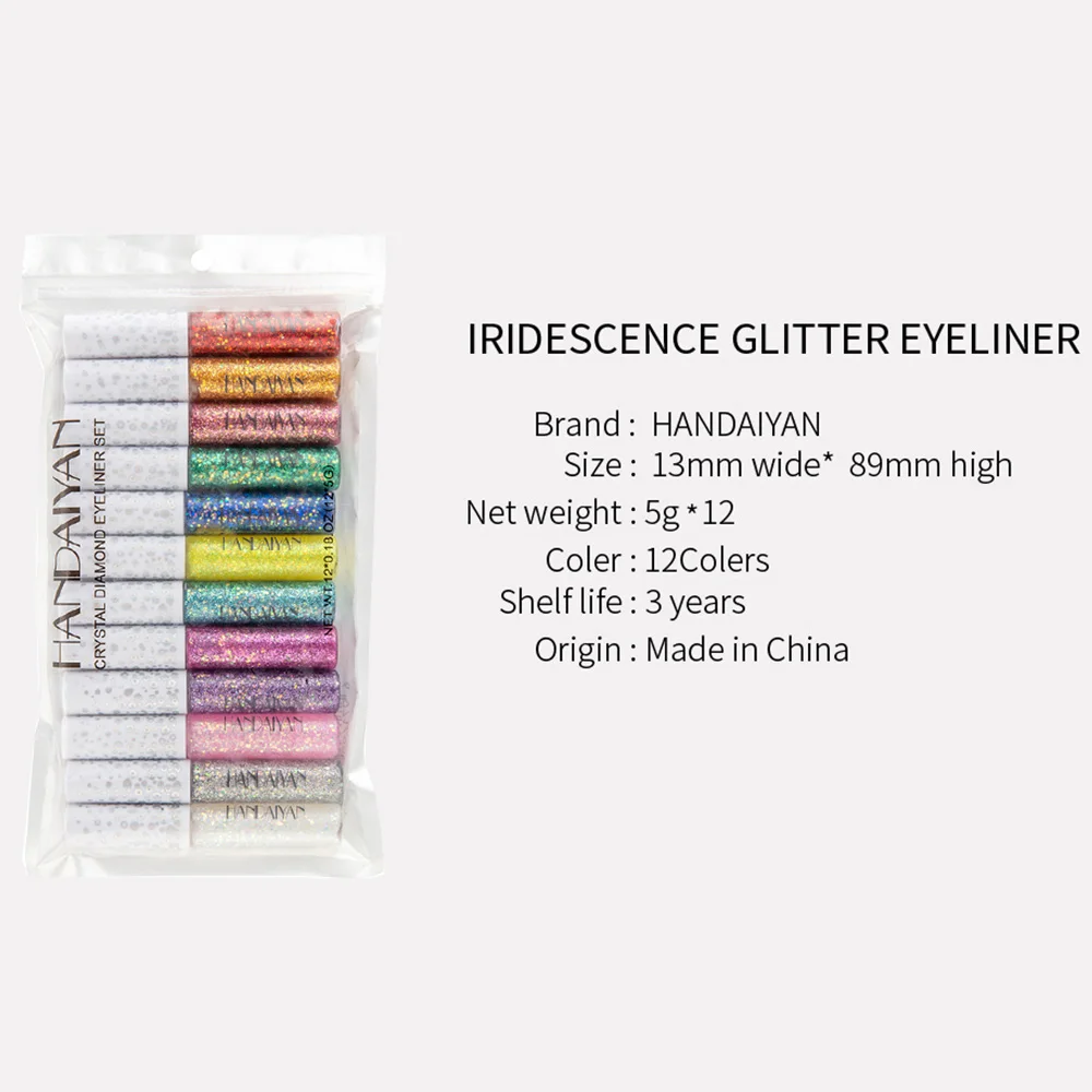 HANDAIYAN 12Colors/Set Diamond Glitter Liquid Eyeshadow Pencil Eyes Makeup Highlighter Shimmer Waterproof Eye Shadow Cosmetic