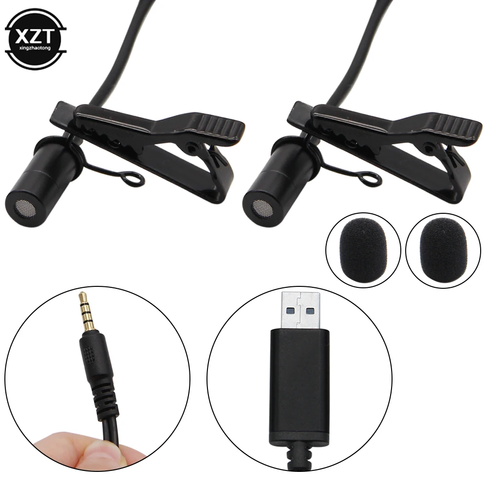 USB 2.0/3.5mm Dual heads Mics Microphone Clip-on Lavalier Lapel 3.5 mm 2 Mic for Phone Windows 10 7 8 Computer 2m | Электроника