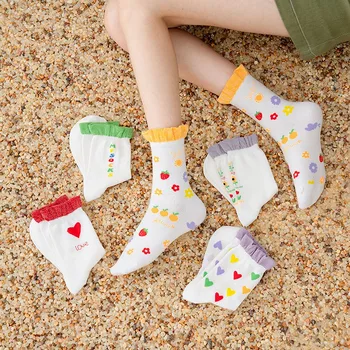 

White Love Heart Print Crew Socks Cotton Women Sweet Cute School Ruffles Girls Fashion Skateboard Floral Lolita Princess Socks