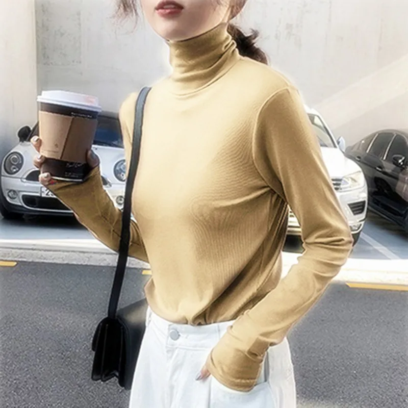 Harajuku, одноцветная футболка, Женская весенне-осенняя футболка, Корейская водолазка, тонкий длинный рукав, 90 s, черные белые футболки