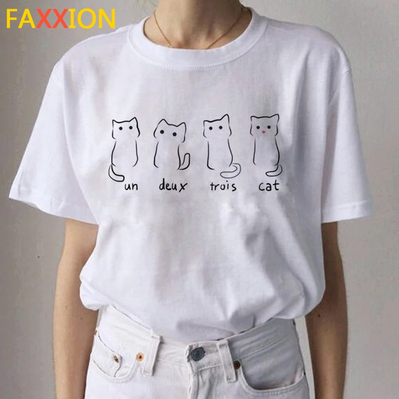 2020 Kawaii Cat смешная мультяшная футболка для женщин Ullzang Повседневная симпатичная 90