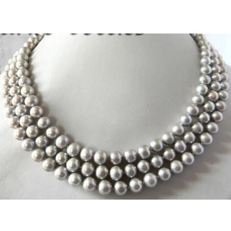 

3 Strands 18'' 9MM Gray Round Freshwater Pearl Silver Necklace jj