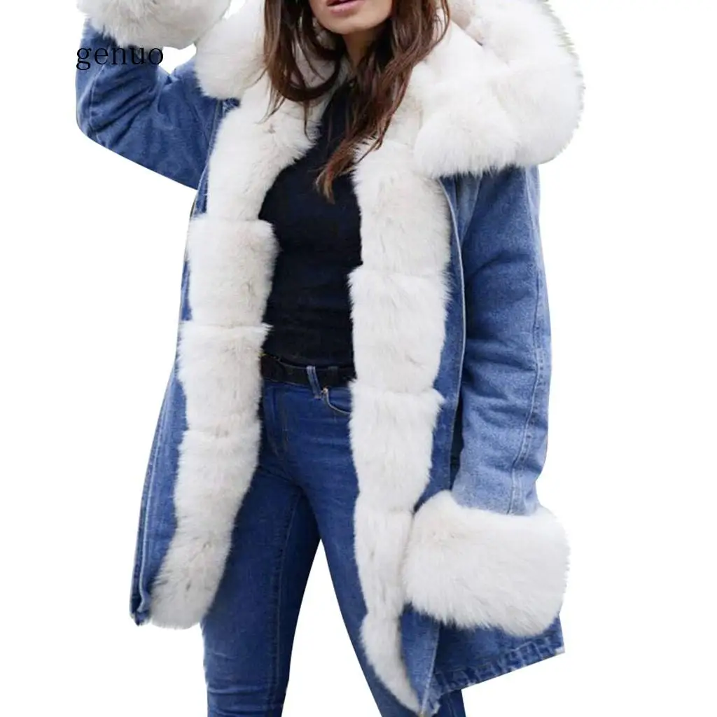 Woman Oversize Hoodie Fleece Winter Denim Jackets Coat Fishtail