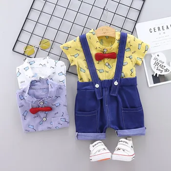 

Summer baby boy clothes new fashion denim overalls two-piece cartoon letter printed shirt short sleeve suit cotton baby suit