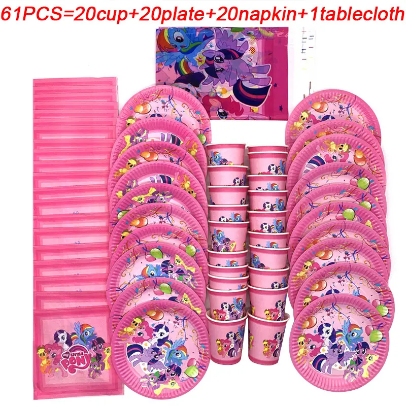 beipanzhizhuo-61pcs Вечерние поставки стаканчики тарелки оптом посуда комплект с рисунком из мультфильма «Мой Маленький Пони» баннер на день рождения/флаги декорации на свадьбу, вечеринку скатерть - Цвет: beipanzhizhuo-61pcs