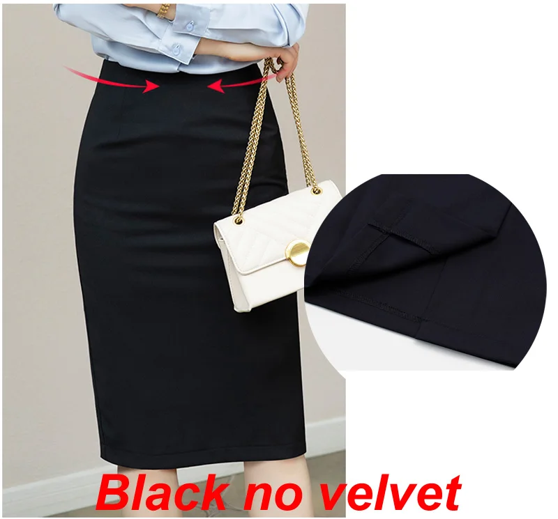 Black no velvet Офисные женские юбки осень зима теплая Однотонная юбка карандаш плюс бархатная теплая Высокая талия средней длины юбка черный синий серый - Цвет: Black no velvet