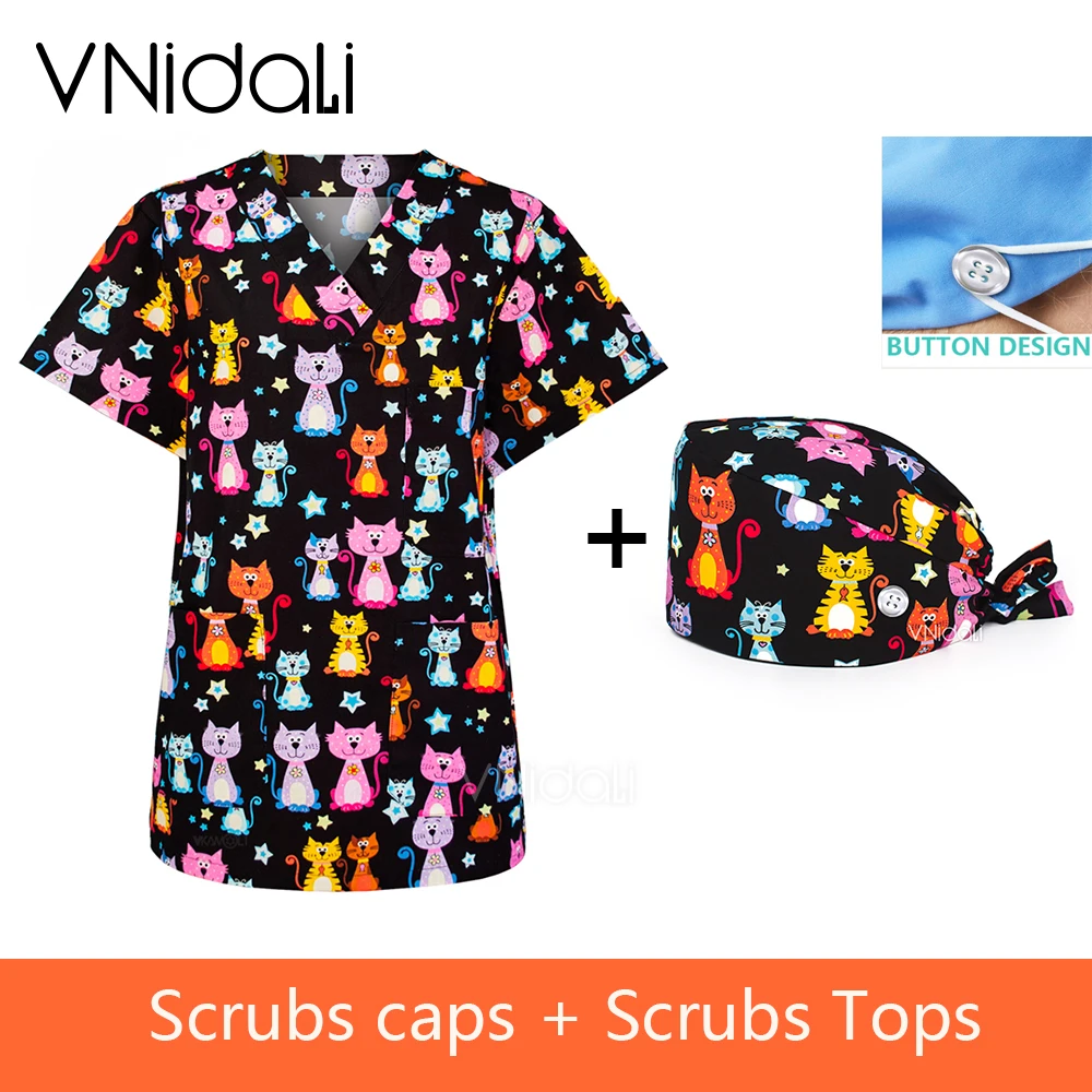 Scrub Set For Women Vneck Scrub Top & Scrub Cap 3 Pocket Vneck