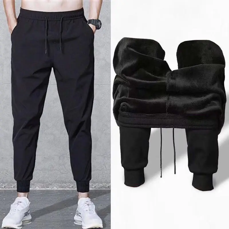 Мужские теплые зимние штаны размера плюс M-5XL, уличные флисовые штаны для бега, плотные спортивные штаны, плотные брюки на молнии, мужские свободные спортивные штаны - Цвет: black1