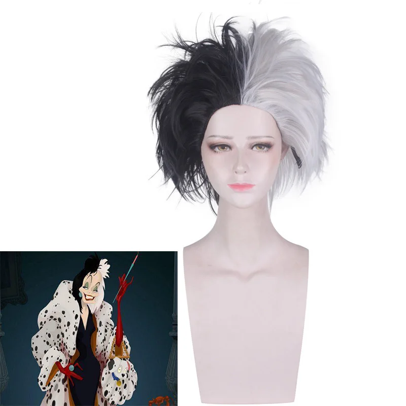 

Amime Cruella De Vil Deville Short Wig Black White Mix Fluffy Cosplay Costume Heat Resistant Synthetic Hair Men Women Wigs