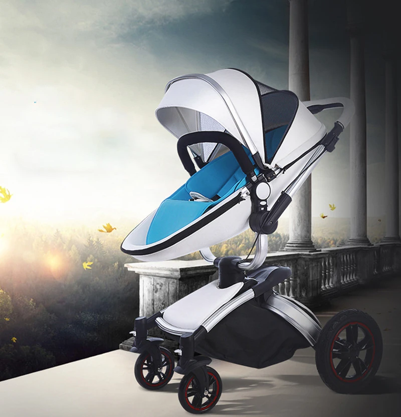  PU Leather foldable baby stroller 3 in 1 can sit lie 360° rotating shock absorbing four wheel multi