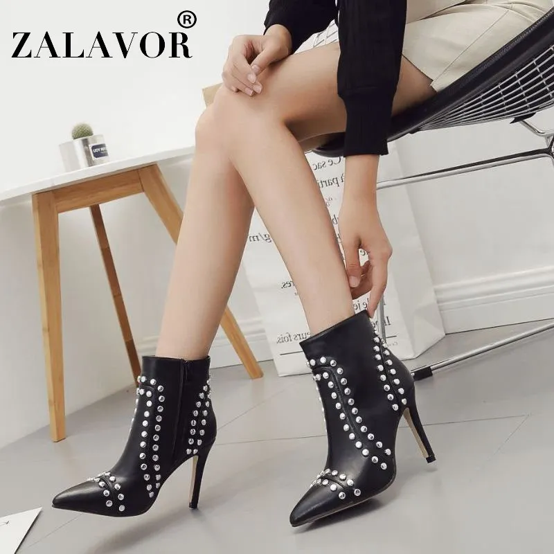 

ZALAVOR Ladies Sexy Rivets Metal Pointed Toe Ankle Boots Winter Autumn Zipper Casual Office Shoes Woman Footwear Size 34-40