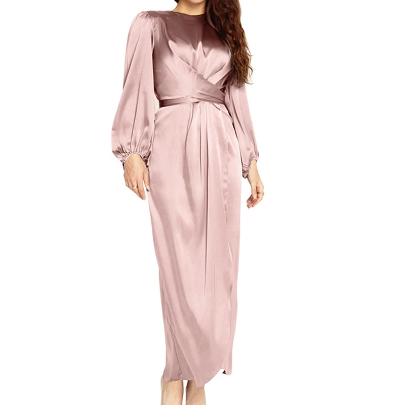 2021 Women Arab Muslim Satin Puff Long Sleeve Maxi Dress Solid Color Wrap Front Self-Tie Abaya Dubai Turkey Hijab Robe Kaftan