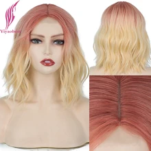 

Yiyaobess 12inch Middle Part Pink Blonde Ombre Short Lace Wig Wavy Synthetic Hair Cosplay Wigs For Women Peruca