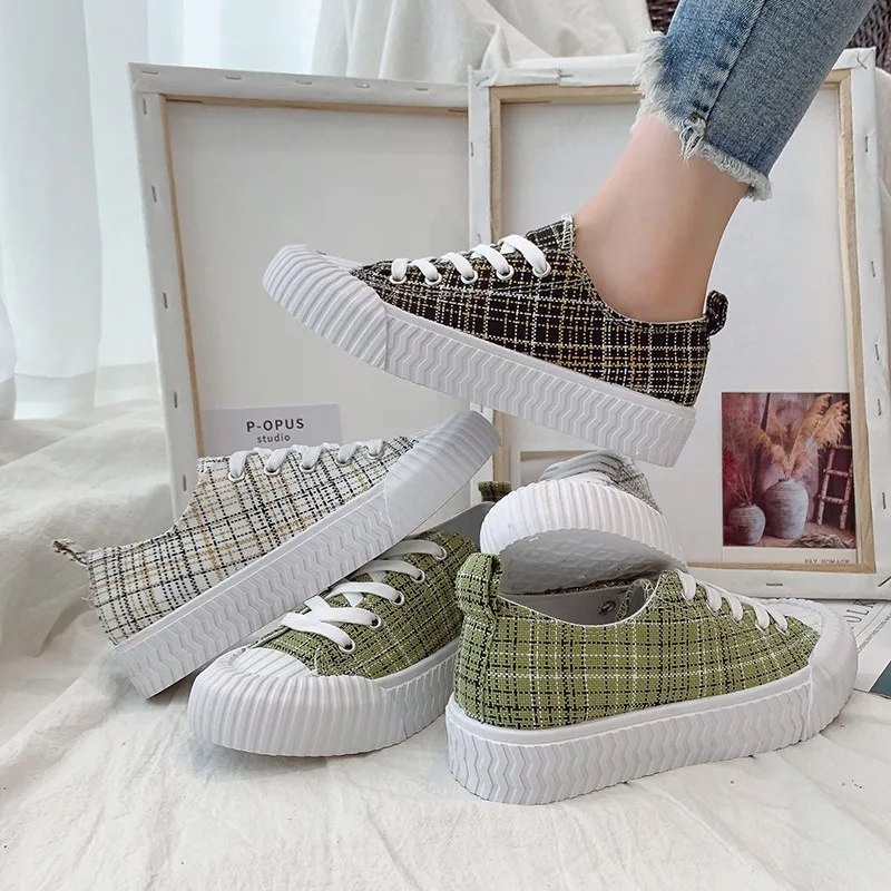 

2020 Spring/Autumn New Women Canvas Shoes Casual Flat With Breathable Plaid Female Sneakers Pure Black Zapatillas Mujer W36-21