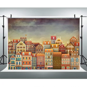 

Cartoon City Colorful Buildings Photography Backdrops Heavy Clouds Child Kids Portrait Photographic Background For Photo Studio