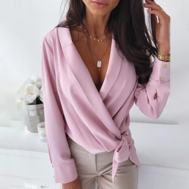 Сексуальные блузки размера плюс 3XL с глубоким v-образным вырезом, женские топы на шнуровке, рубашки на пуговицах для женщин, весна-лето, офисные женские свободные блузки - Цвет: Розовый