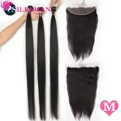 Silkswan прямые длинные Размеры 3 пучка волос для наращивания с 13*4 прозрачное кружево фронтальная 30-40 дюймов человеческие волосы remy