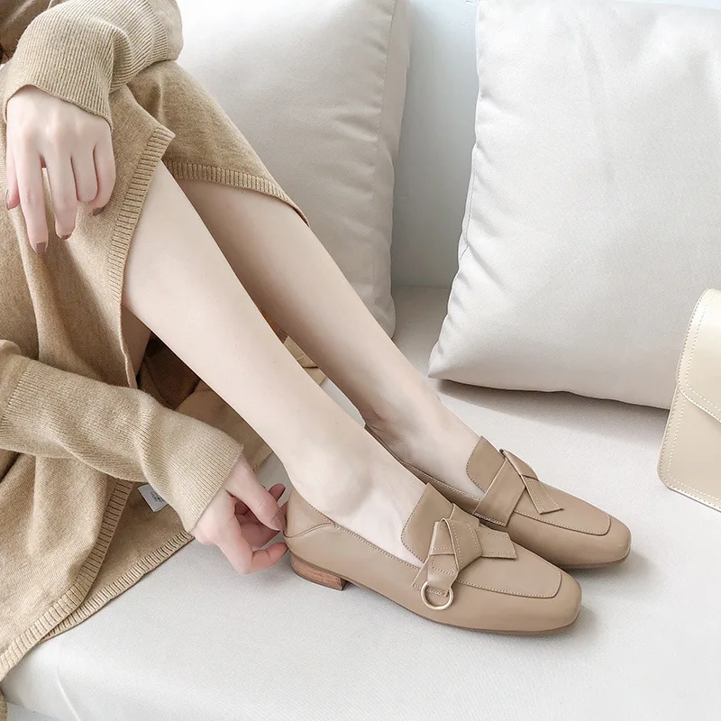 

Loafers Double Purpose Women's 2019 Spring New Style Simple Bow Square Head Slip-on Lazy Genuine Leather Flat Keel Thin Shoes