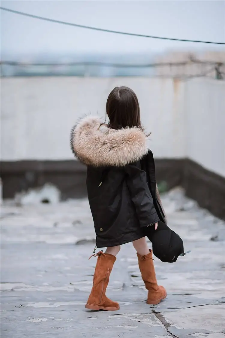 Коллекция года, новое зимнее Детское пальто с натуральным кроличьим мехом для девочек Детская верхняя одежда с воротником из натурального меха енота теплая куртка для подростков W206