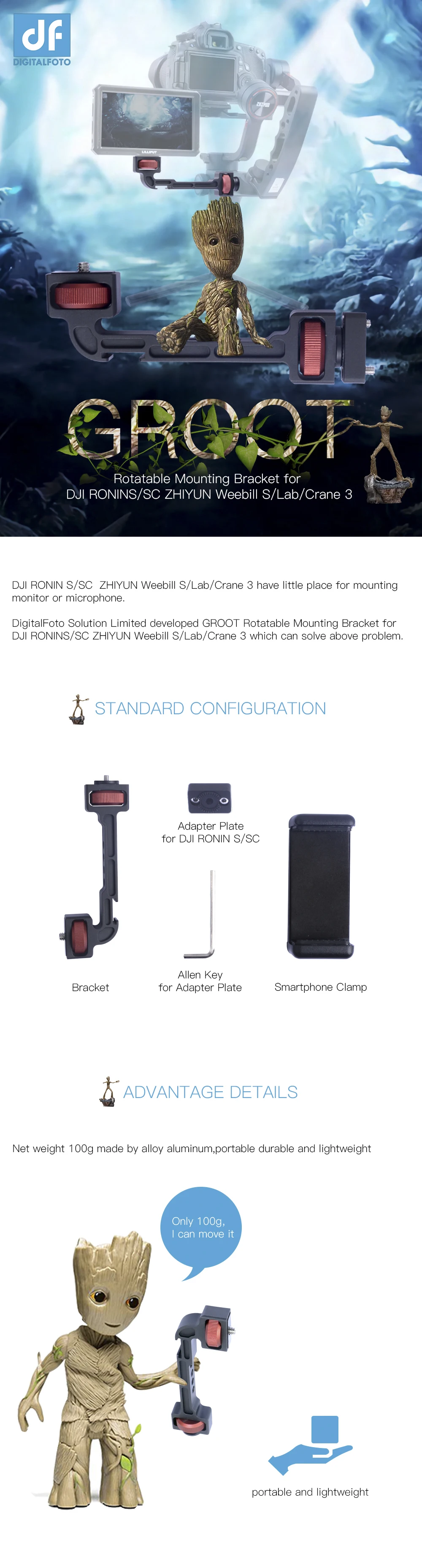 GROOT ZHIYUN WEEBILL S/LAB Crane 3 DJI RONIN S/SC вращающийся кронштейн для монитора светодиодный светильник