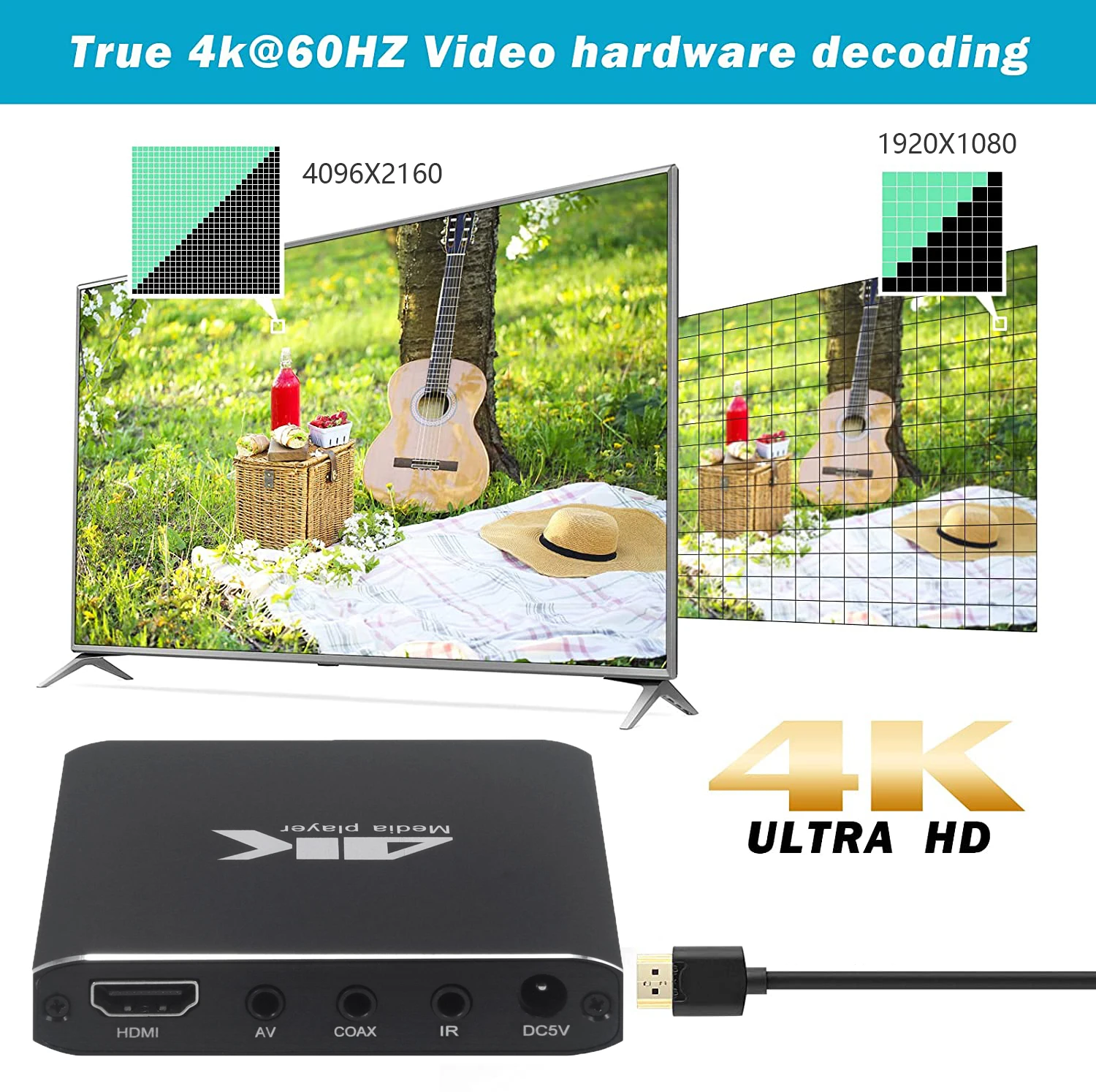 Media Player Multimedia Player 4K H.265 Advertising Player Auto Loop Playback With TF/AV/HDMI/USB Disk 1080P HD Media Support Mouse