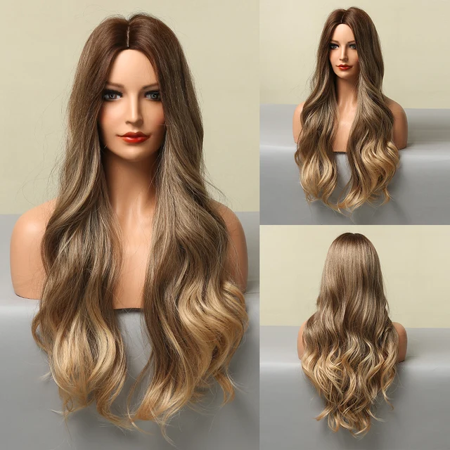 HENRY MARGU Long Black Brown Body Wave Synthetic Wigs Heat Resistant Natural Cosplay Wigs for Women Middle Part Hair Wigs LC5307-1