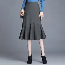 Новое поступление, модная Высококачественная серая юбка, ягодицы, рыбий хвост, клетчатая Женская плиссированная Осенняя зимняя повседневная до середины икры размера плюс M-4XL