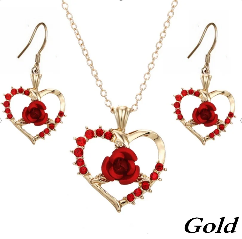 Rose Pendant Necklace Earrings 