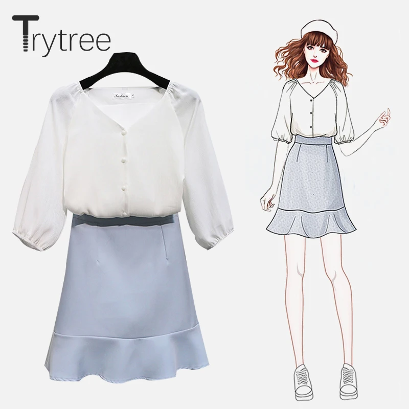 

Trytree Autumn Women two piece set Casual V-Neck Puff Sleeve Single Breasted Tops + Skirt Ruffles Hem Office Lady 2 Piece Set