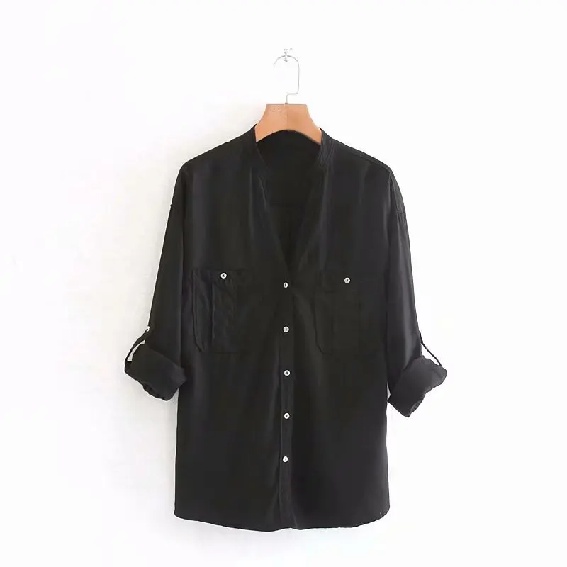 

Solid Women Pocket Decoration V neck Shirt 2019 Autumn Leisure Lady Long Sleeve Blouse Loose Tops S6255